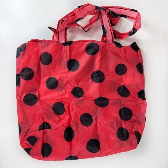 IKEA Skynke Polka Dot Nylon Reusable Shopping Bag Tote Red Black Set of 5 - Picture 5 of 7